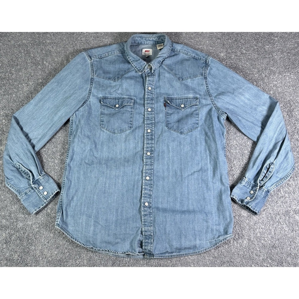 Levi's Barstow Western Denim Shirt Mens Large Blue Light Wash Pearl Snaps Rodeo